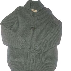 Brenire Vintage Pure New Wool Dark Green Ribbed Knit Quarter-Zip Sweater